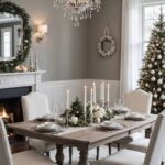 A dining room decorated for Christmas with All white everything with hints of silver and crystal accents.