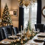 A dining room decorated for Christmas with Black, white, and gold with velvet textures and metallic accents for a high-end look.