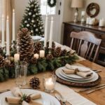 A dining room decorated for Christmas with burlap runners, pinecones, and wooden chargers.