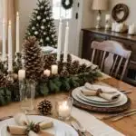 A dining room decorated for Christmas with burlap runners, pinecones, and wooden chargers.