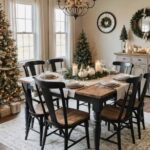 A dining room decorated for Christmas with windows, a square table and buffet table