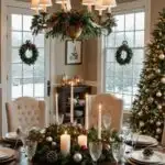 A dining room with Christmas decor and a round dining table and natural light