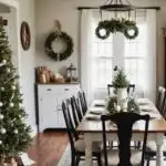 A farmhouse dining room decorated for Christmas with large ding table and window