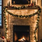 A fireplace decorated for Christmas draped with string lights