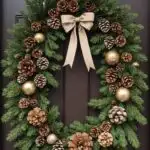 A front door with a neutral Christmas Wreath with Pinecones, acorns,