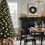 A modern dining room with Christmas decor, a square table and chairs and a fireplace