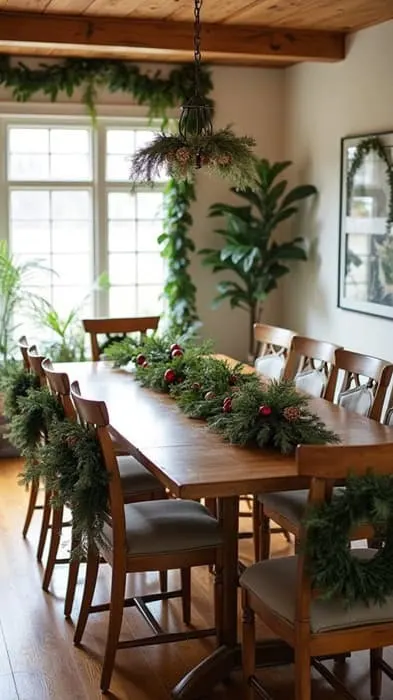 A modern farmhouse dining room decorated for Christmas with dining room chairs with mini wreaths on the backs of the chairs