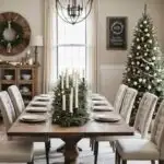 A modern farmhouse dining room with neutral Christmas decor