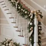 A staircase wrapped with neutral garlands around your banister. Incorporate neutral bows and minimalist ornaments