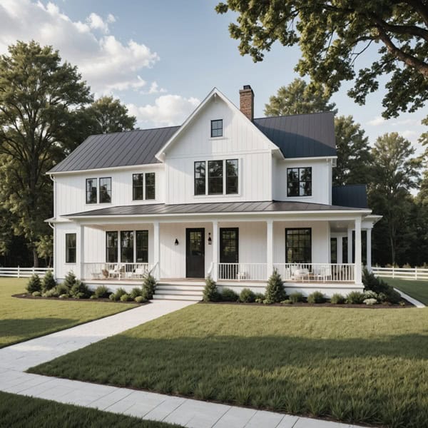 A white modern farmhouse style home