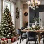 An open concept modern dining room, kitchen with Christmas decor