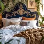 Bed with ornate navy blue and gold headboard, and plants