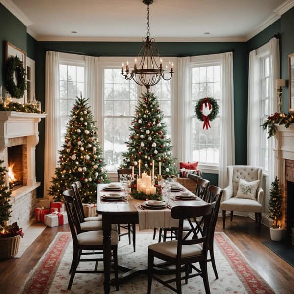 dining room with table, fire place, windows with Christmas decorations 