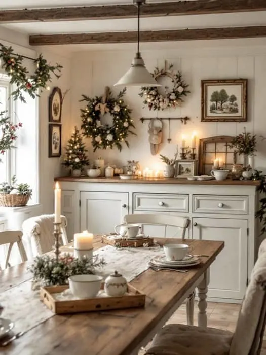 a farmhouse style dining room with table, with neutral Christmas decorations