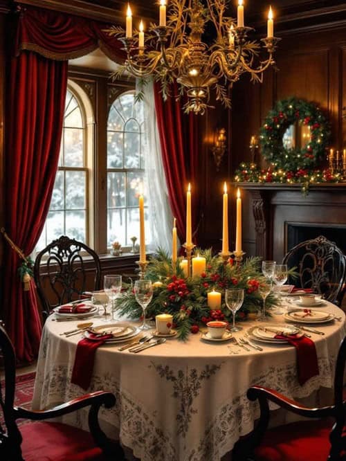 A Traditional dining room decorated for Christmas with a round table, fireplace and window (1)