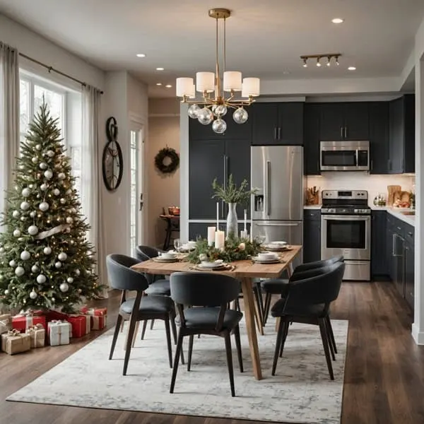 An open concept modern dining room, kitchen with Christmas decor