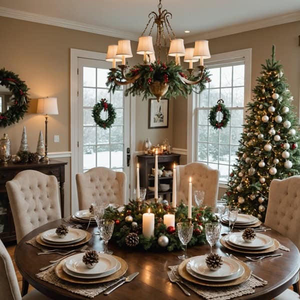 A dining room with Christmas decor and a round dining table and natural light