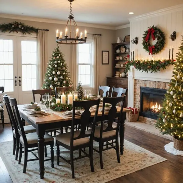 A Rustic charm dining room decorated for Christmas with a fireplace and dining table