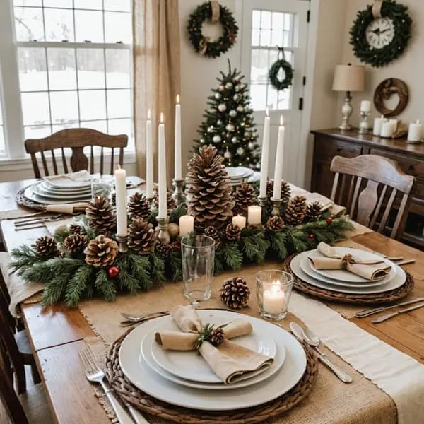 A dining room decorated for Christmas with burlap runners, pinecones, and wooden chargers. 