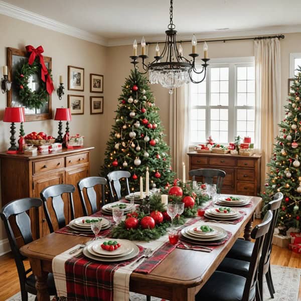 A Vintage inspired dining room decorated for Christmas with Classic red and green with retro ornaments and plaid patterns 