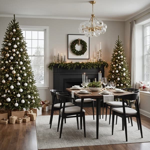 A modern dining room with Christmas decor, a square table and chairs and a fireplace 