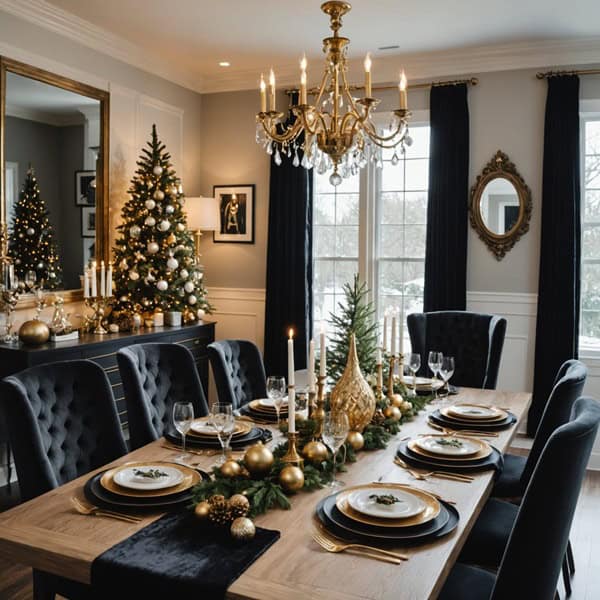 A dining room decorated for Christmas with Black, white, and gold with velvet textures and metallic accents for a high-end look. 