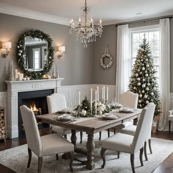 A dining room decorated for Christmas with All white everything with hints of silver and crystal accents. 