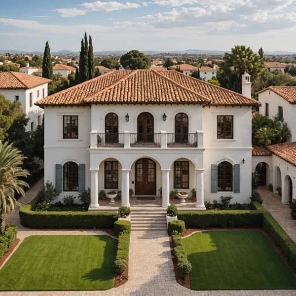 Mediterranean Revival style home with off white walls paired with terracotta roofs