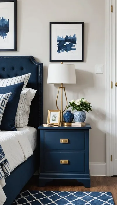 Bedroom with bed, small navy blue nightstand and neutral walls