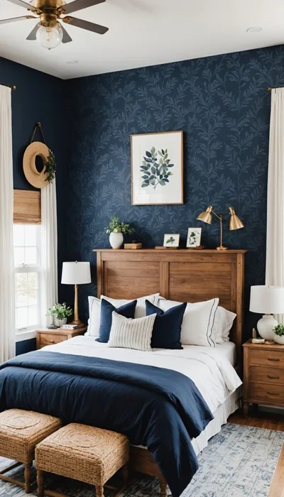 bedroom with a cozy bed , wood nightstands and headboard and navy blue wallpaper