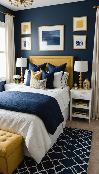 Bedroom with a navy blue and gold color palette , with a bed, nightstands and window