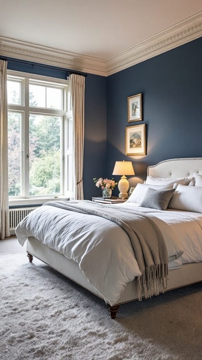 Bedroom with large window, bed and navy blue walls