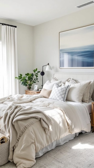 neutral bedroom with a cozy bed , nightstand with a plant and navy blue art over the bed