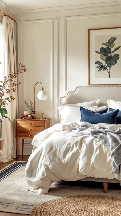 neutral bedroom with cozy bed, wood night stand and navy blue pillows on the bed