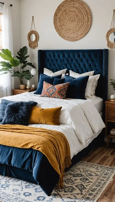 boho bedroom neutral walls, bed with navy blue headboard and a plant