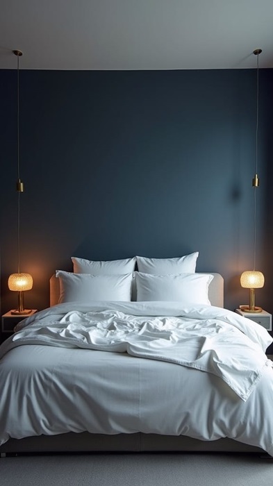 bedroom with navy blue walls, bed with white bedding,