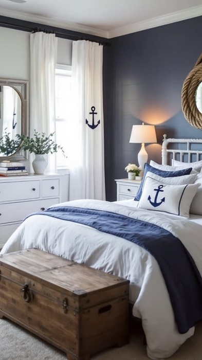 Nautical style Bedroom with bed, navy blue walls, art on the wall, and window