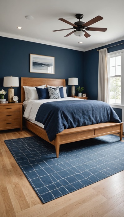 Bedroom with bed, navy blue walls, art on the wall, and window