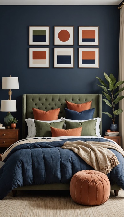 Bedroom with bed, navy blue wall, art on the wall and earthy colors