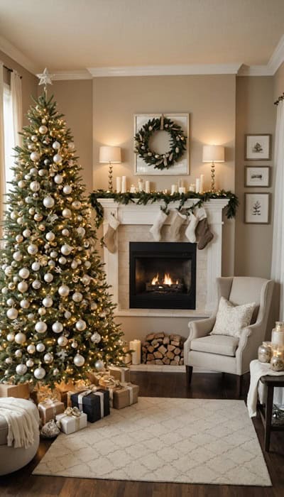 a room decorated for Christmas with neutral , beige colors