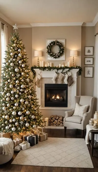 a room decorated for Christmas with neutral , beige colors