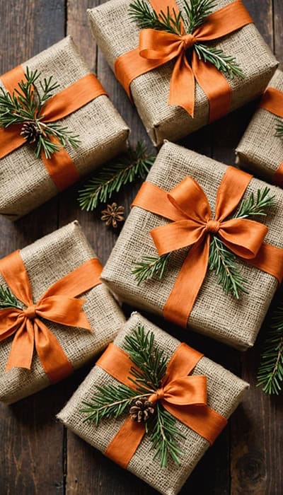 Christmas presents wrapped with burlap ribbons, dried orange slices, or sprigs of greenery