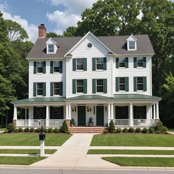 Traditional Colonial style home with Warm white walls, dark green shutters, and a neutral gray roof