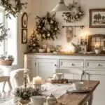 a farmhouse style dining room with table, with neutral Christmas decorations