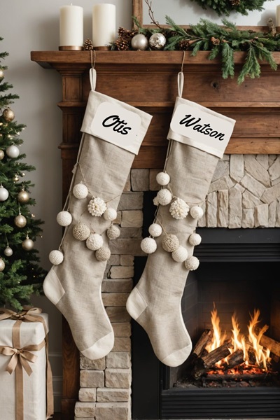 A living room with neutral beige Christmas Stockings that are linen, burlap, or chunky knit in cream, beige, or light gray