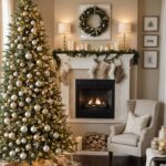 a room decorated for Christmas with neutral , beige colors