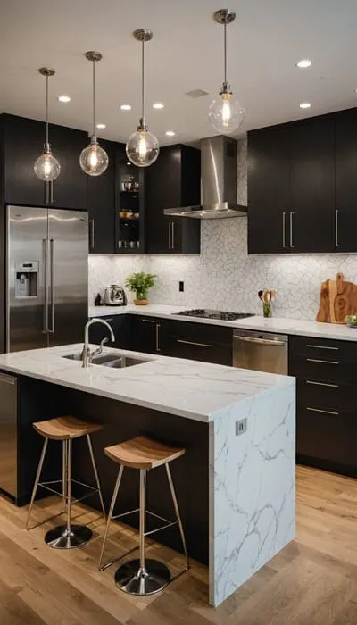 contemporary style kitchen with black cabinets and white counters