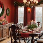 dining room with red walls, dining room table, sidebaord decorated for Chritsmas (1)