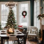 dining room with table, fire place, windows with Christmas decorations