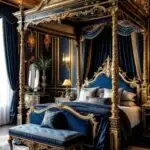 elaborate and fancy bedroom with four post bed and gold and navy blue details throughout the room